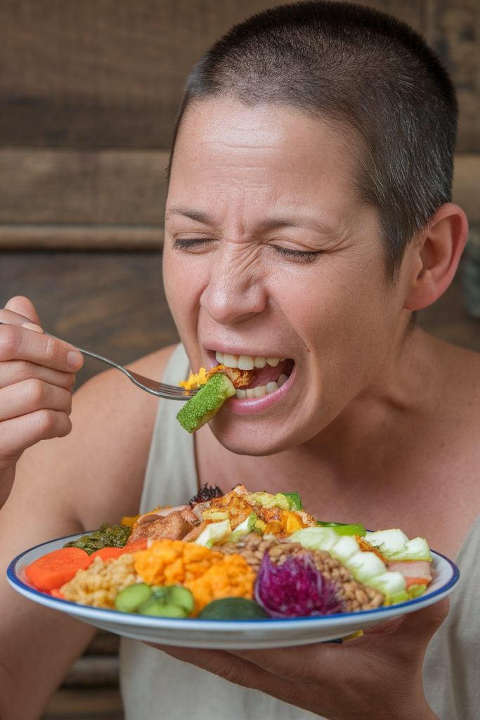 Person eating a plate of healthy food with vegetables and grains