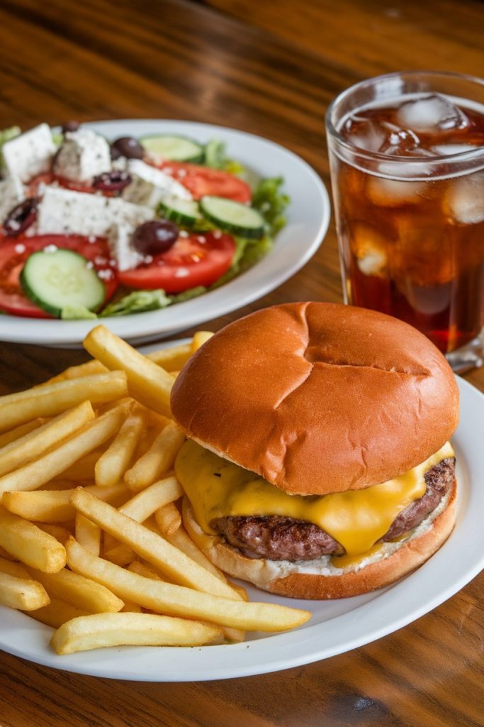 Plate of cheeseburger with fries and a salad in the background