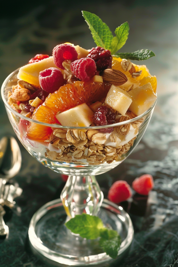 Muesli With Fruit Salad (Mango, Pear, Apple, Orange, and Raspberries)