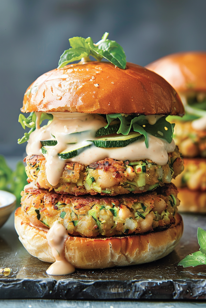 Zucchini-Chickpea Veggie Burgers With Tahini-Ranch Sauce