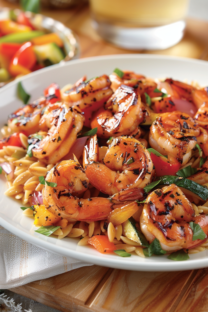 Peppery Barbecue-Glazed Shrimp With Vegetables and Orzo