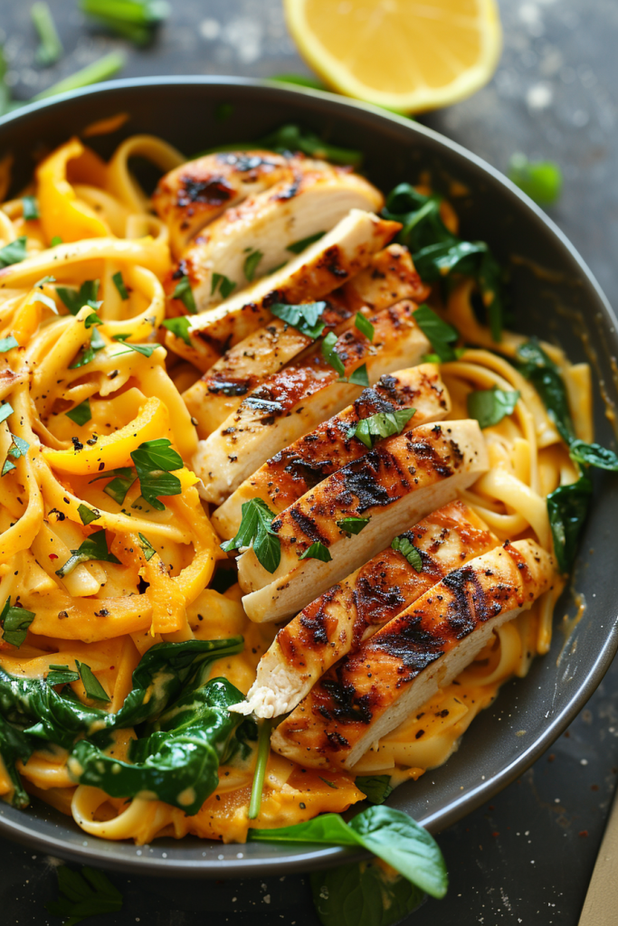 Butternut Squash Alfredo With Chicken and Spinach