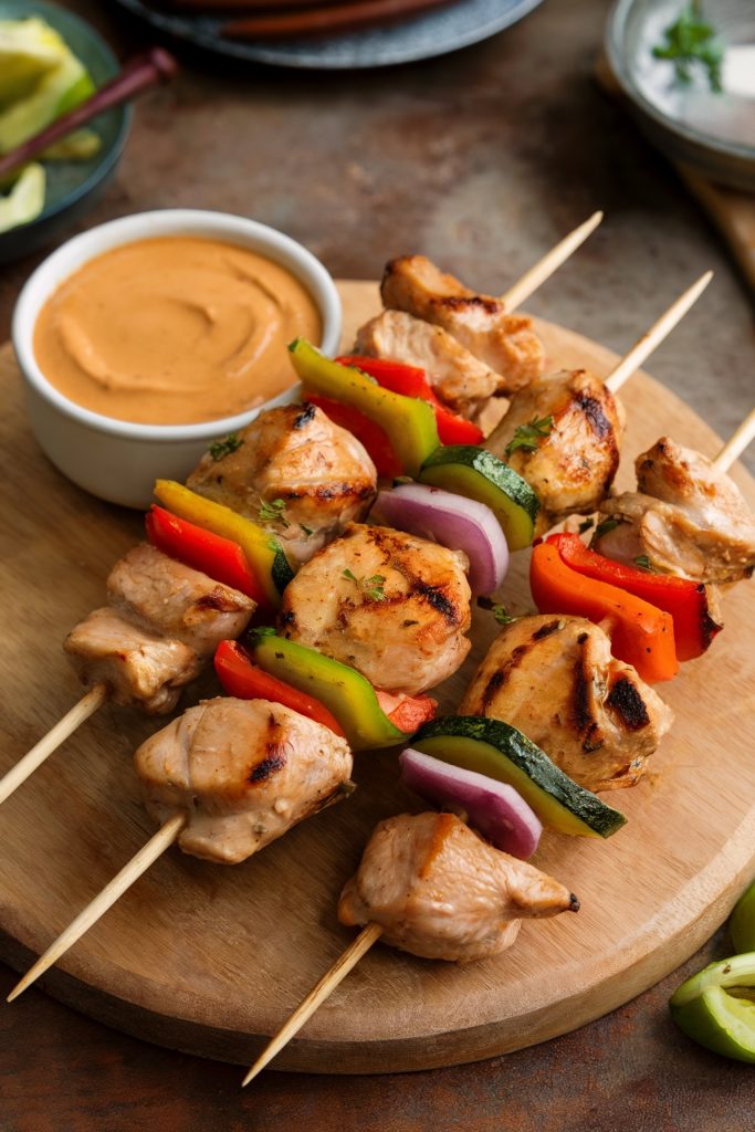 Chicken and Vegetable Skewers With Peanut Sauce