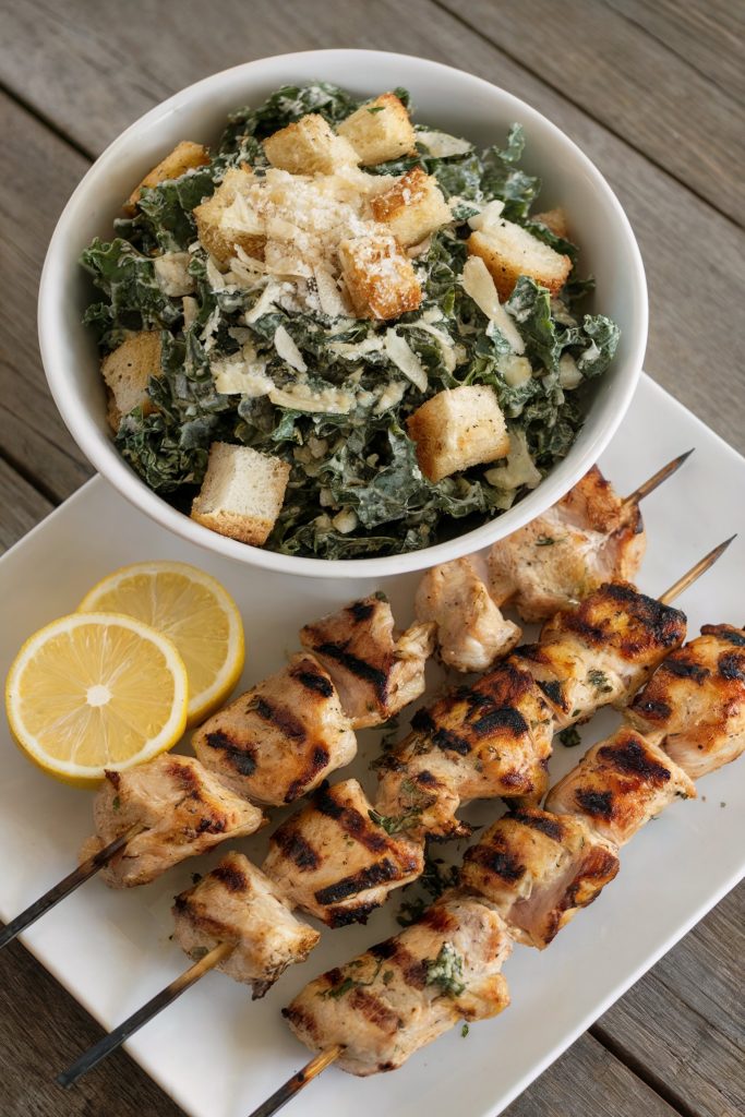 Grilled Chicken Skewers and Kale Caesar