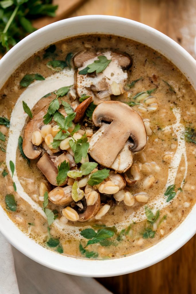 Vegan Creamy Mushroom and Farro Soup
