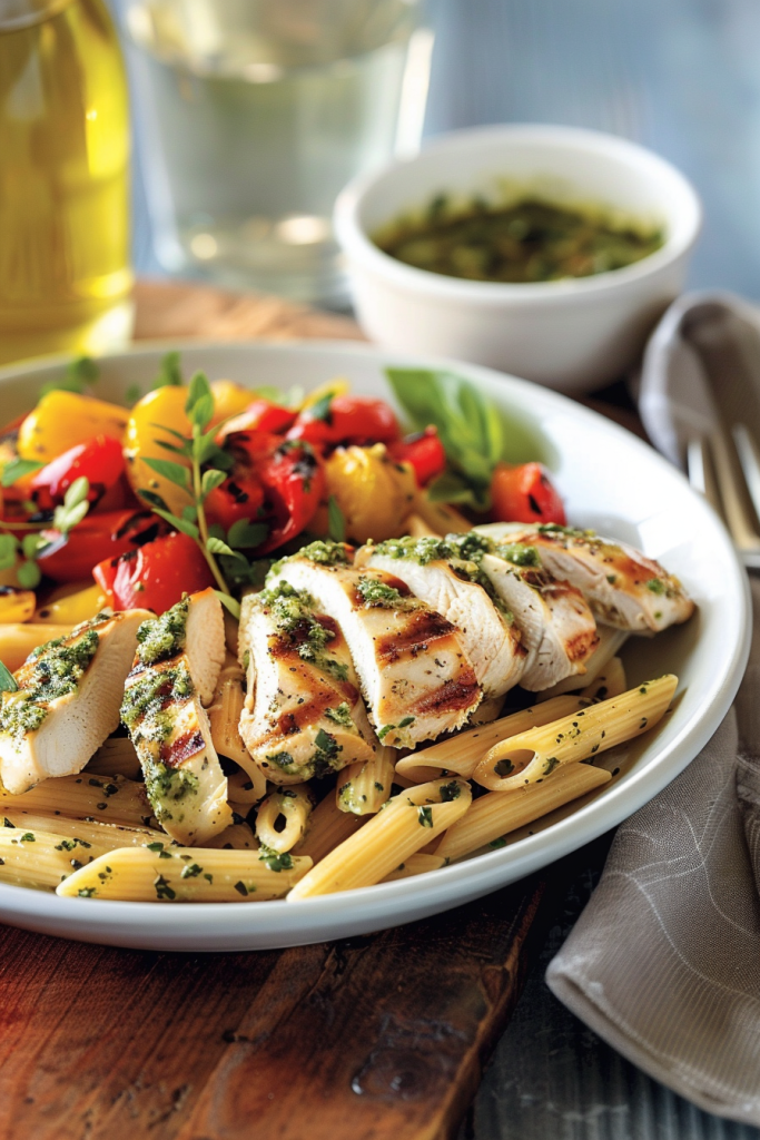 Chicken and Vegetable Penne With Parsley-Walnut Pesto