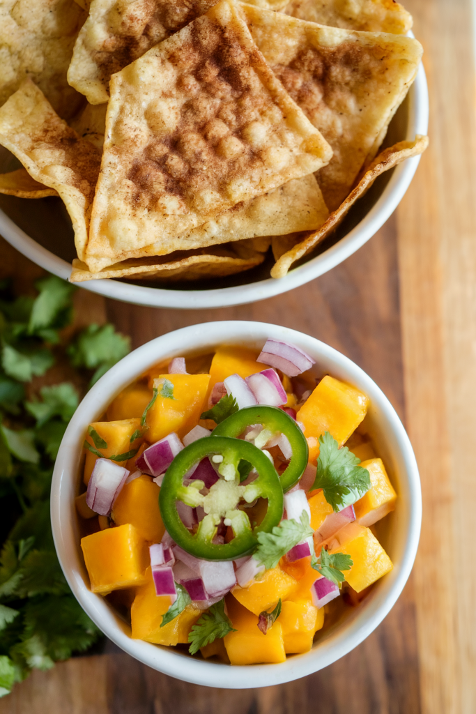 Spicy Mango Salsa With Cinnamon Sugar Tortilla Chips