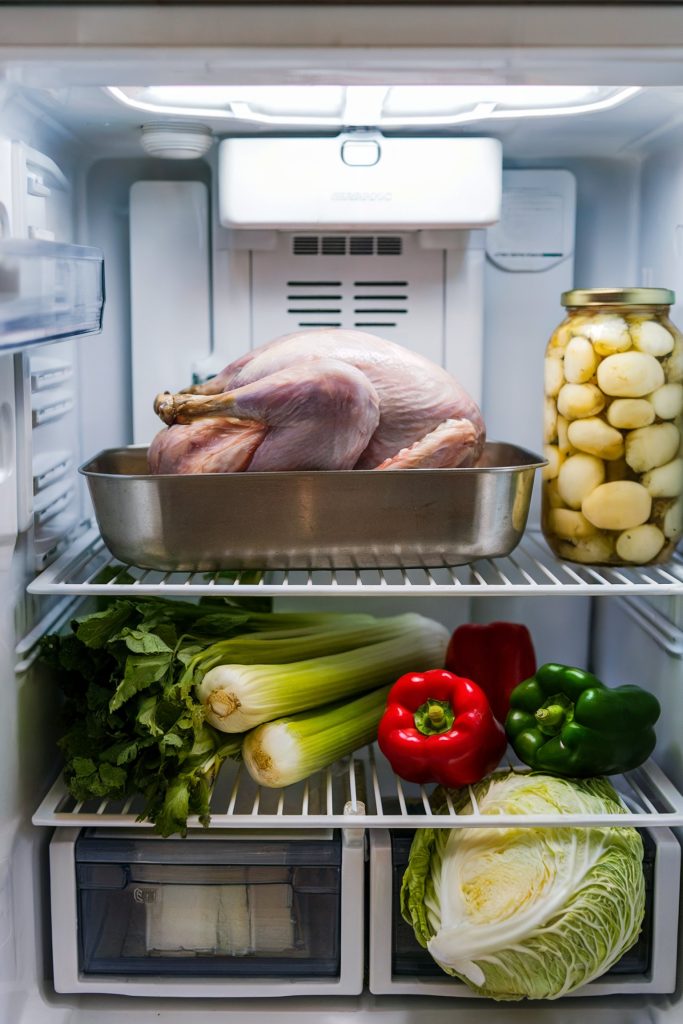 wo whole, raw turkeys are placed in metal roasting pans on wire racks in a kitchen