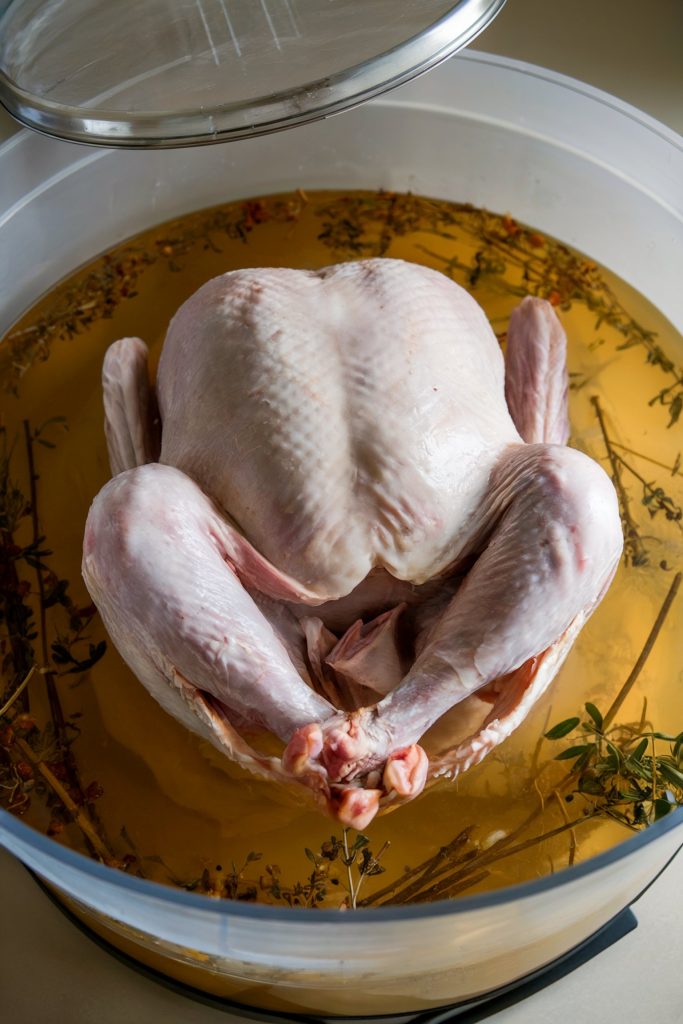 A whole raw turkey submerged in a large container filled with brine, surrounded by herbs and spices for flavor enhancement.