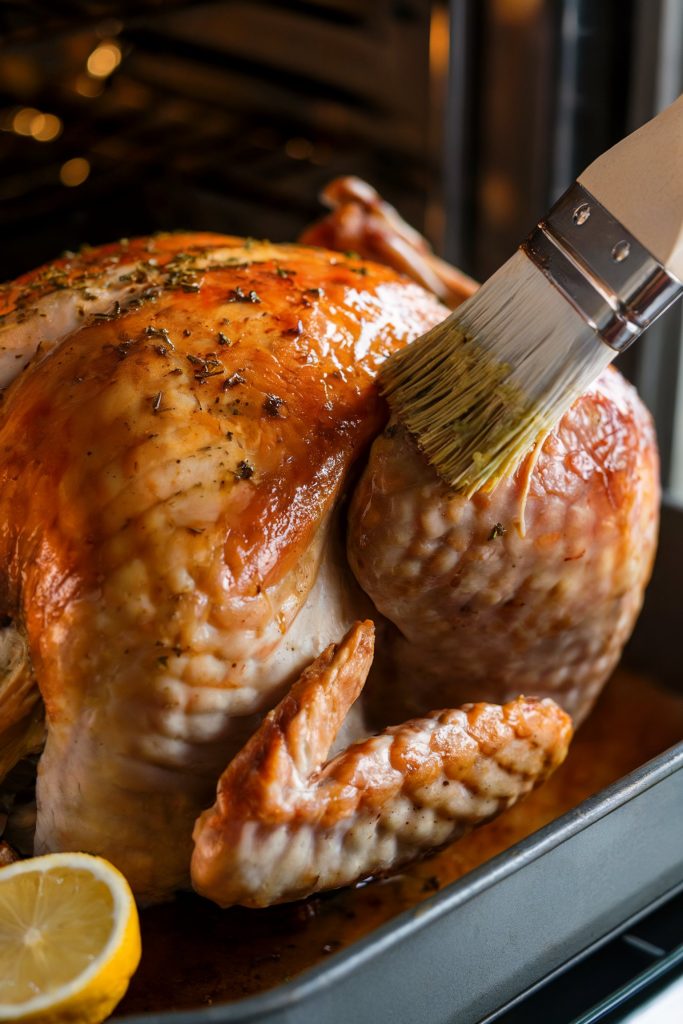 A whole turkey being basted using a brush