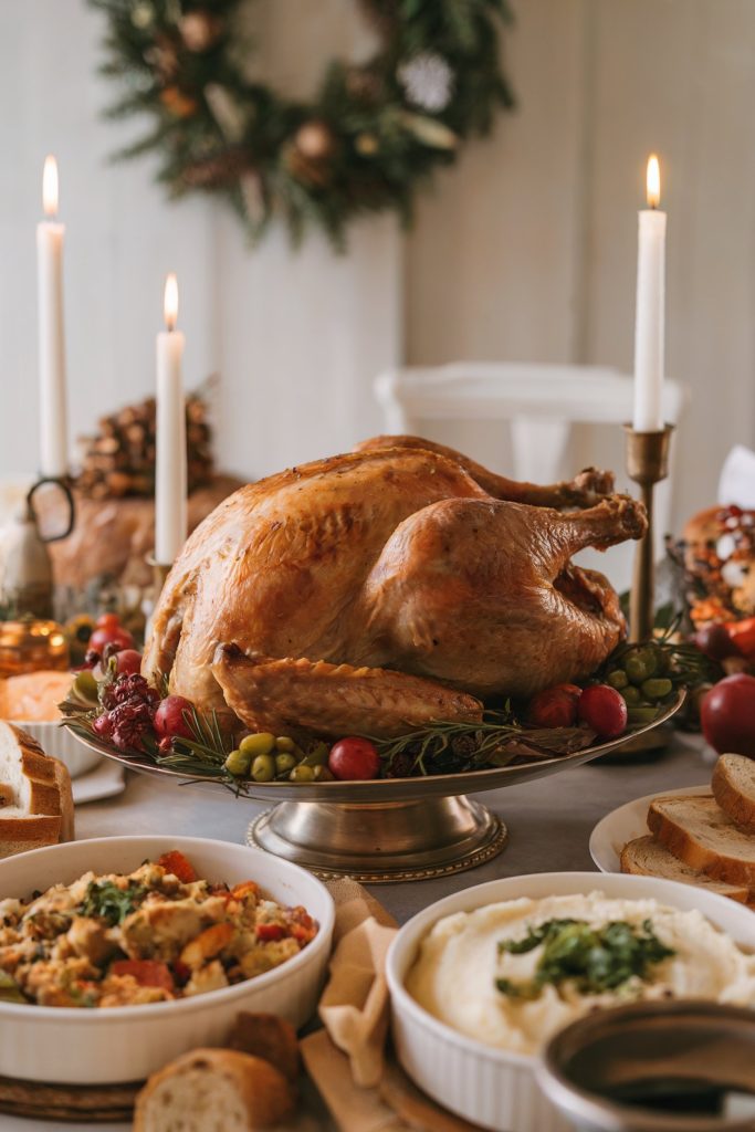 A whole turkey served on a table with some candles and other food around it