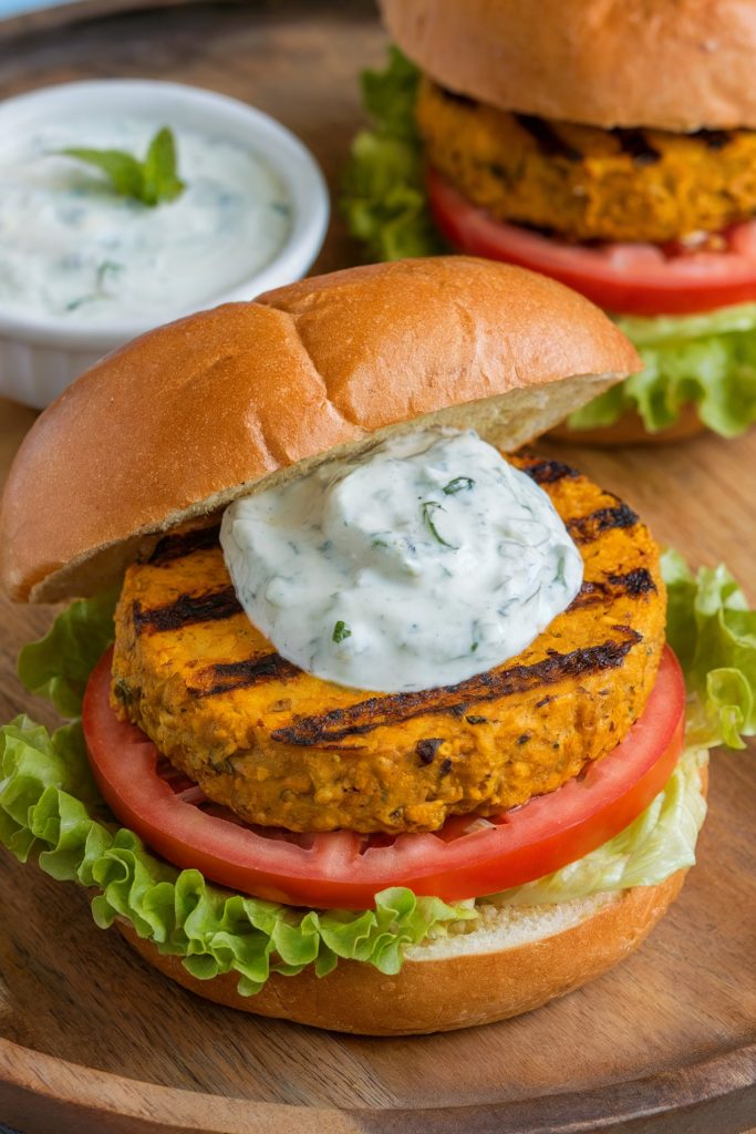 Grilled Curried Pumpkin Burgers With Cucumber and Mint Raita