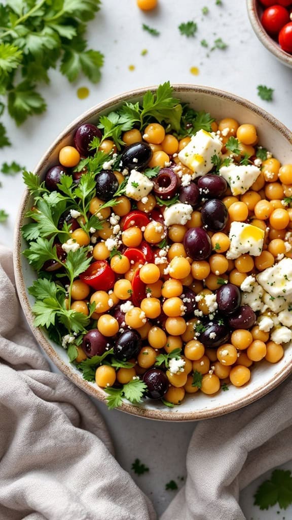 A Mediterranean Chickpea Bowl with golden and black chickpeas, feta cheese, and fresh herbs.