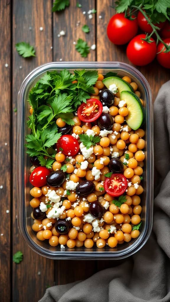A Mediterranean Chickpea Bowl with chickpeas, cherry tomatoes, cucumbers, olives, and feta cheese in a clear container.