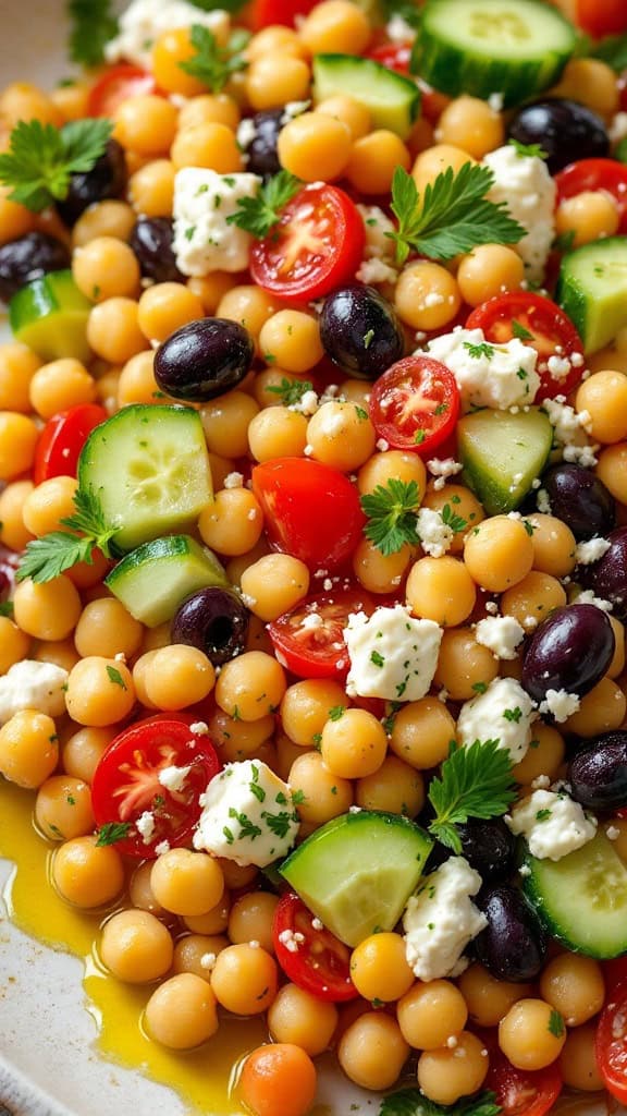 A vibrant Mediterranean chickpea salad with chickpeas, chopped cucumbers, cherry tomatoes, olives, and feta cheese.