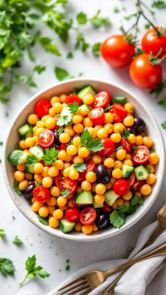 A vibrant Mediterranean chickpea salad with yellow and red cherry tomatoes, cucumbers, black olives, and fresh herbs in a bowl.