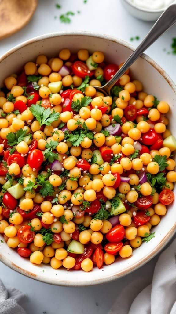 A vibrant Mediterranean chickpea salad with tomatoes, cucumbers, and parsley.