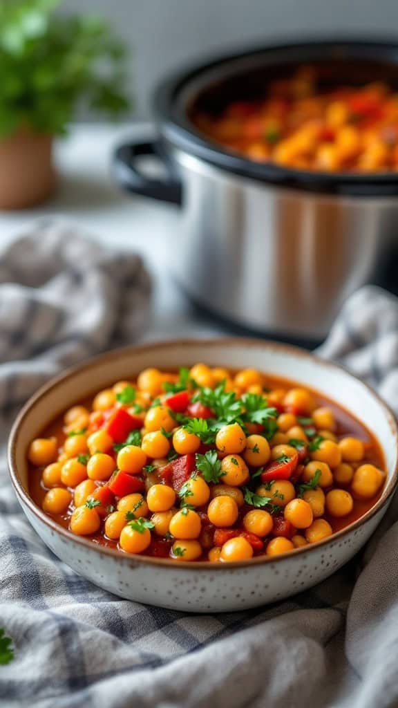 A bowl of Mediterranean Chickpea Stew with chickpeas and red peppers.