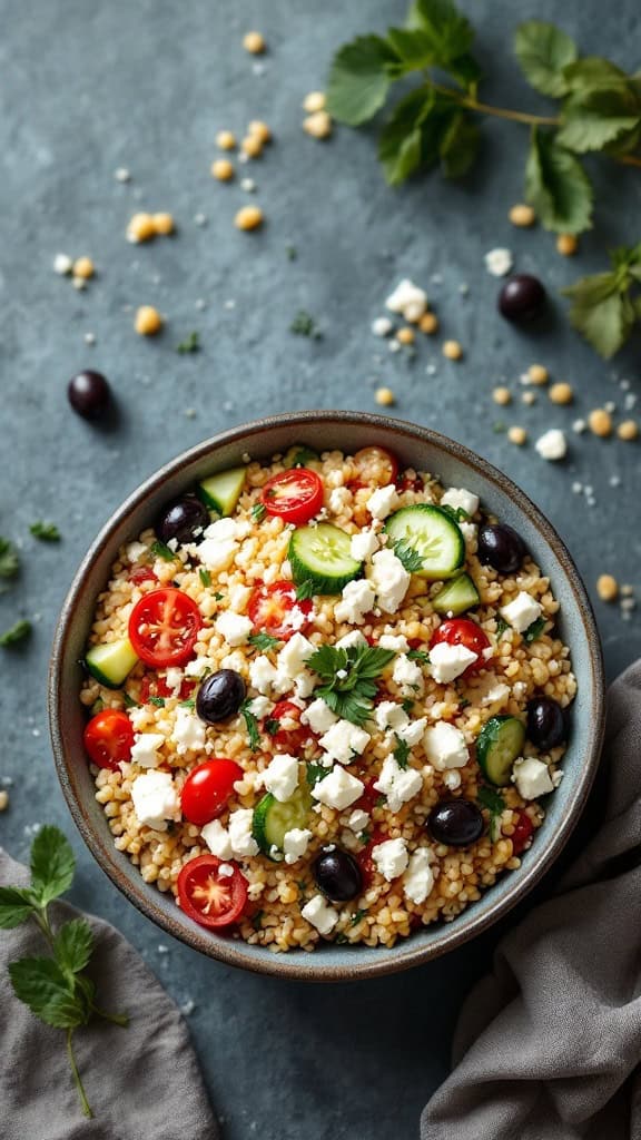A bowl filled with couscous, cherry tomatoes, cucumbers, olives, and feta cheese on a blue background.