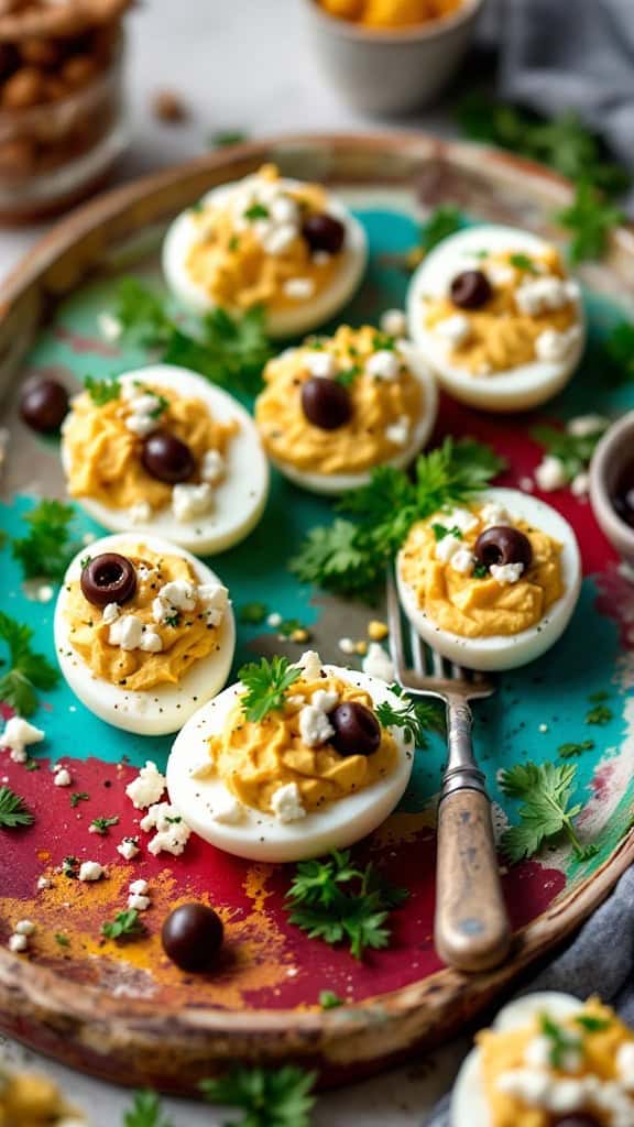 A plate of Mediterranean deviled eggs topped with feta and olives.