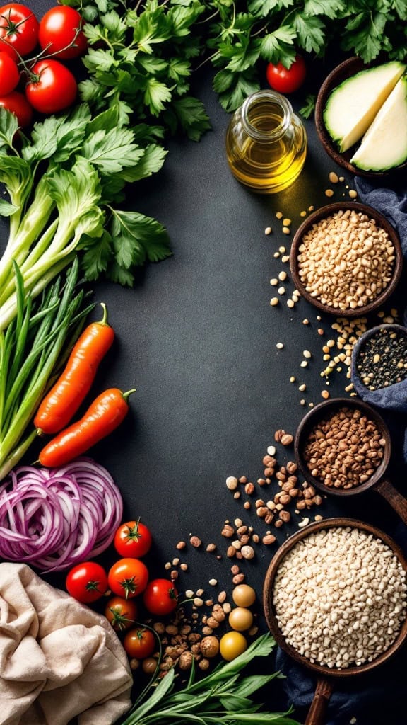 A variety of fresh vegetables, herbs, and ingredients arranged on a light background.