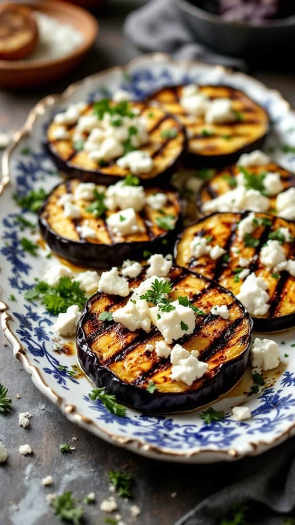 Grilled eggplant slices topped with feta cheese on a decorative plate.