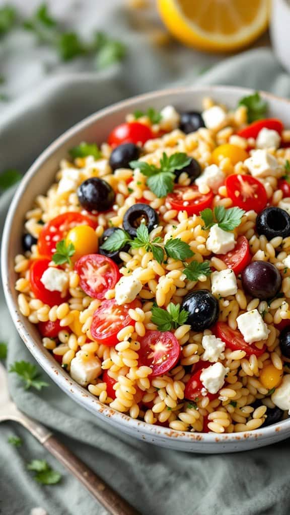 A bowl of Mediterranean orzo salad with cherry tomatoes, olives, feta, and parsley.