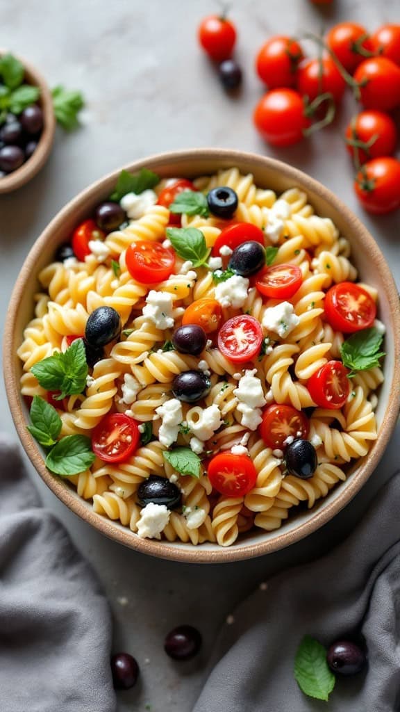 A bowl of Mediterranean pasta salad with tomatoes, olives, and feta on a gray surface.