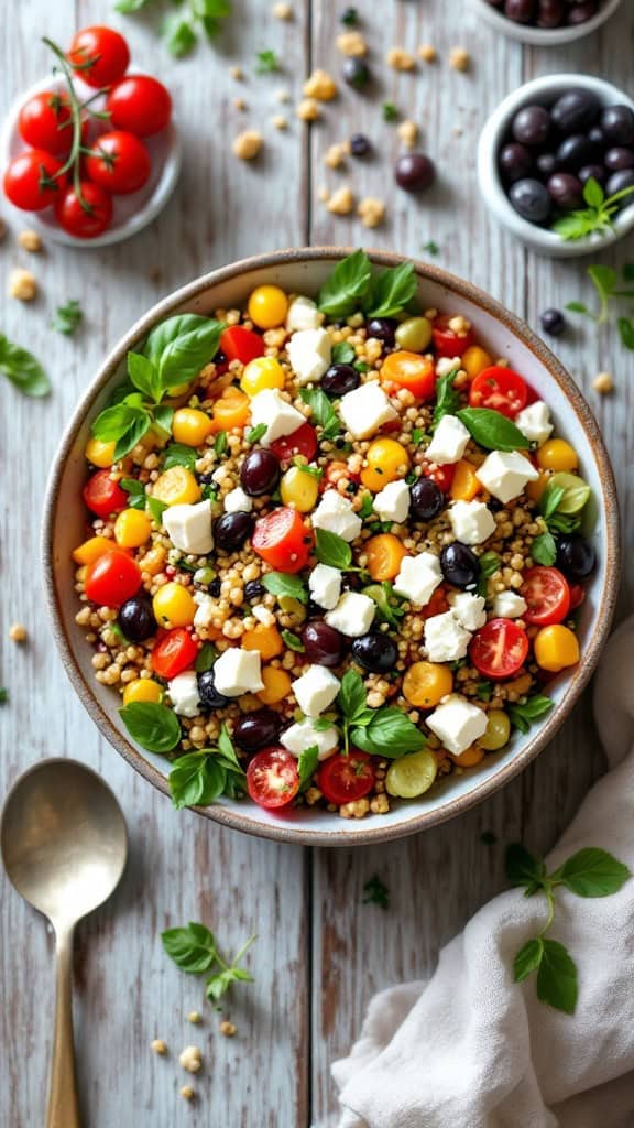 A vibrant Mediterranean quinoa bowl with cherry tomatoes, olives, feta cheese, and fresh basil.