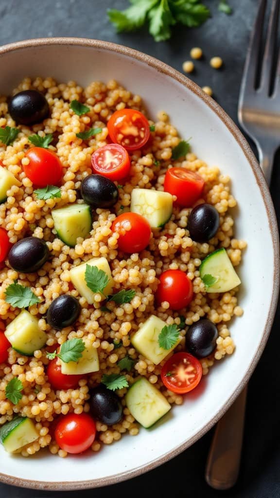 A Mediterranean quinoa bowl filled with cucumbers, cherry tomatoes, black olives, and cilantro.