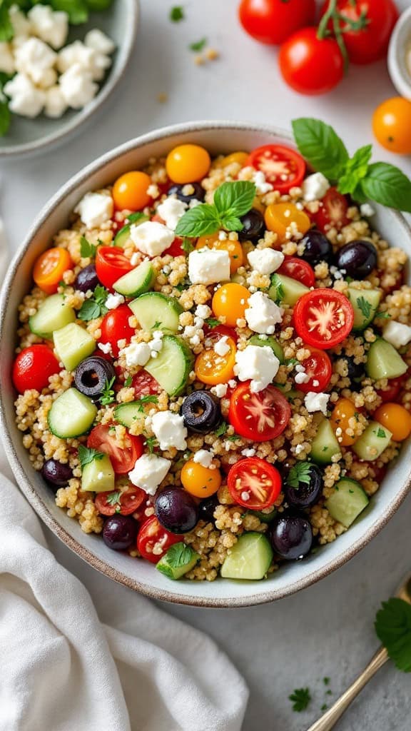 A vibrant bowl of Mediterranean quinoa salad with cherry tomatoes, cucumbers, olives, and feta cheese.