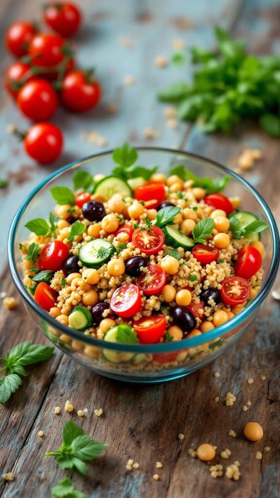 A vibrant Mediterranean quinoa salad with chickpeas, cherry tomatoes, and fresh herbs in a glass bowl.