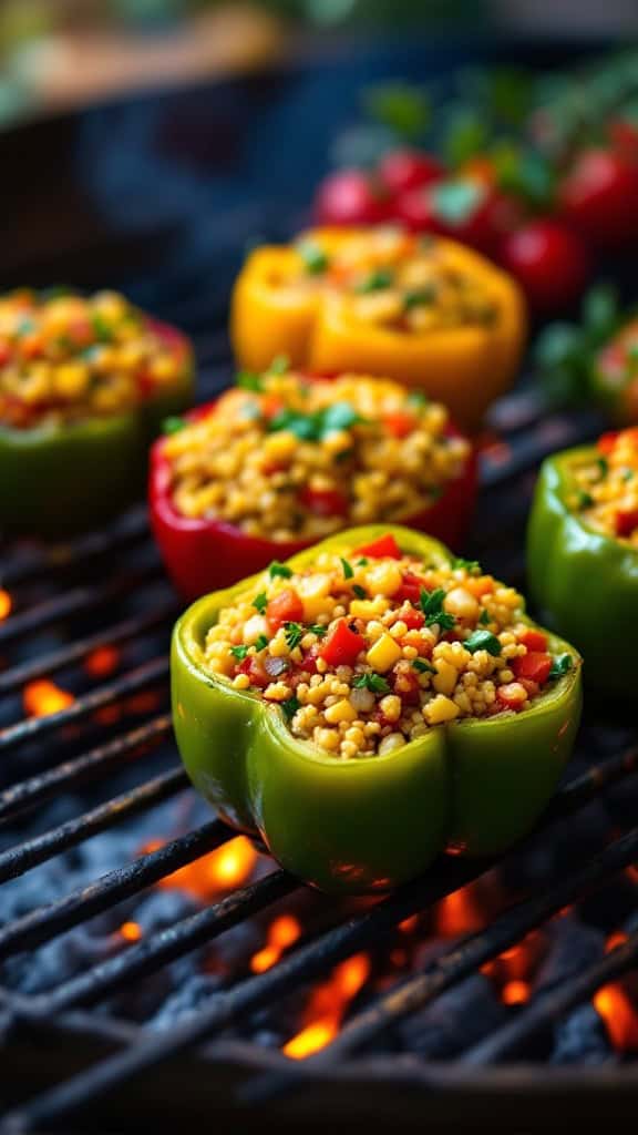 Grilled quinoa stuffed peppers on a barbecue grill