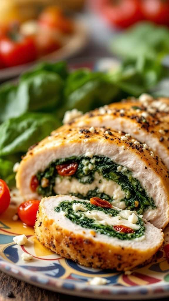 Sliced Mediterranean stuffed chicken on a plate with spinach and cherry tomatoes.