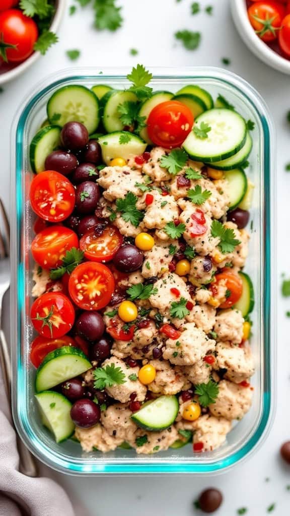 A colorful Mediterranean tuna salad with cherry tomatoes, olives, and cucumber in a container.