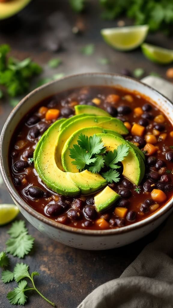 A bowl of Mexican black bean soup topped with avocado slices and cilantro.