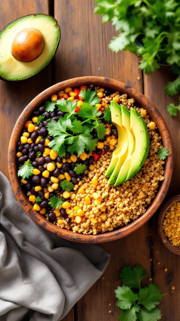 A vibrant Mexican quinoa bowl featuring black beans, corn, avocado, and cilantro.
