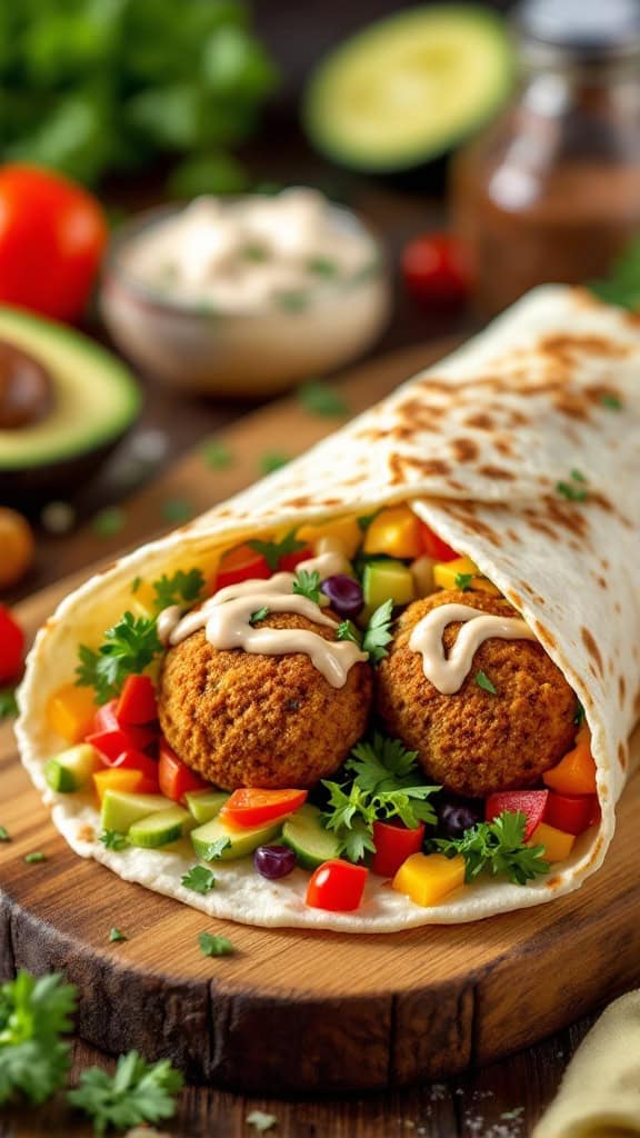A close-up of a falafel wrap with vegetables and tahini sauce.