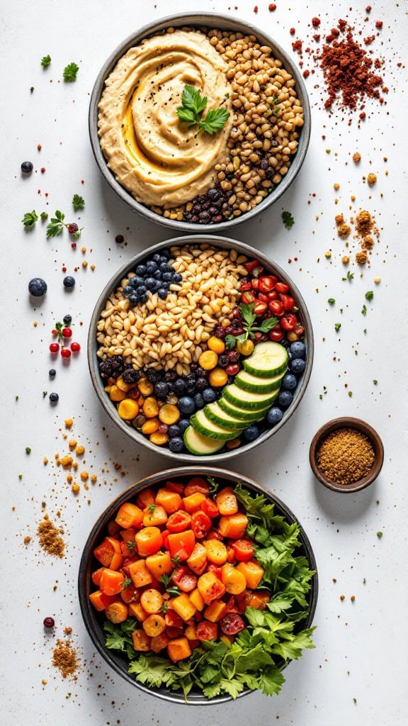 An assortment of Middle Eastern ingredients including grains, spices, and dips arranged beautifully on a table.