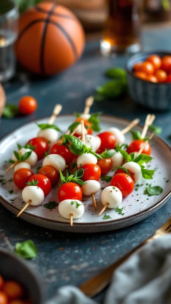 A plate of mini Caprese skewers with cherry tomatoes, mozzarella, and basil, with a basketball in the background.