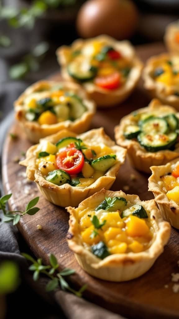 A wooden platter with mini quiches filled with mixed vegetables, including tomatoes, zucchinis, and bell peppers.