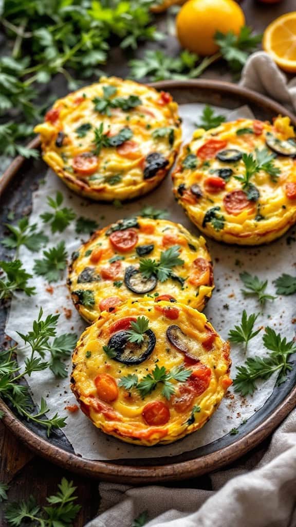 Mini vegetable frittatas arranged on a wooden platter garnished with fresh herbs.