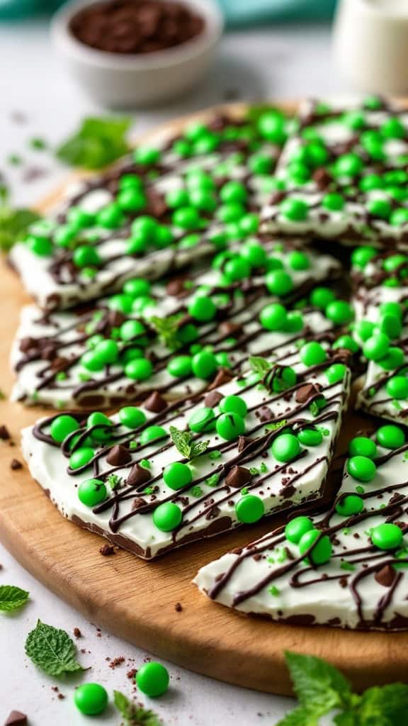 Mint chocolate chip bark with green candies and dark chocolate drizzle on a wooden platter.