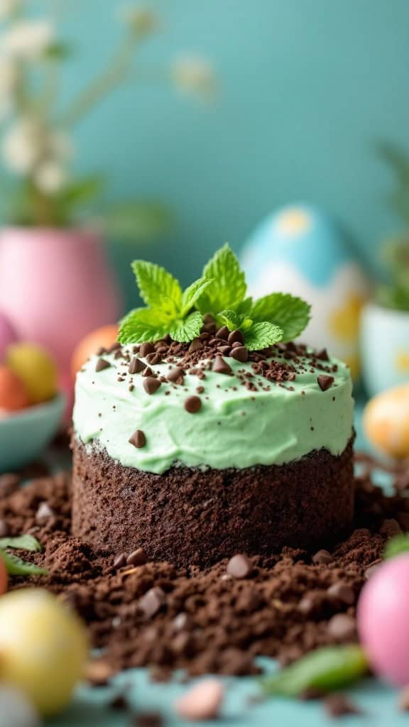A close-up of a mint chocolate chip Easter dirt cake decorated with mint leaves and chocolate chips.