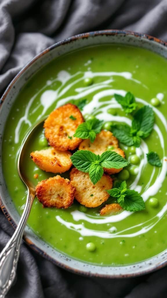 A bowl of minty pea soup topped with croutons and mint leaves.