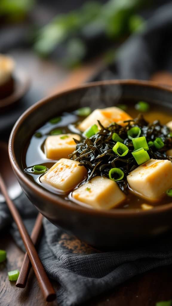 A bowl of miso soup with tofu, seaweed, and green onions, with chopsticks beside it.