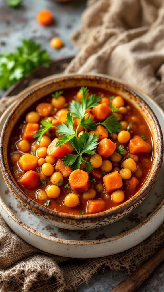 A bowl of Moroccan spiced carrot and chickpea stew garnished with fresh herbs.