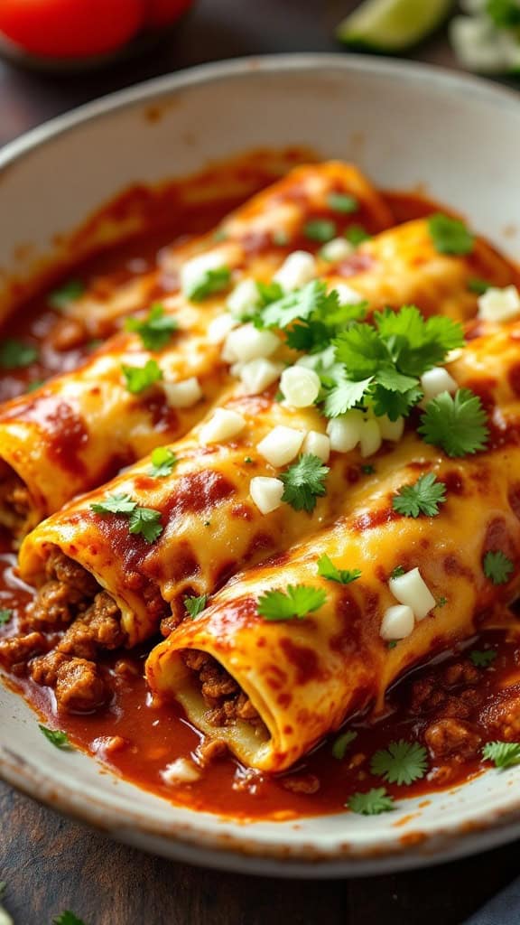Three beef enchiladas topped with cheese, cilantro, and onions in a red sauce.