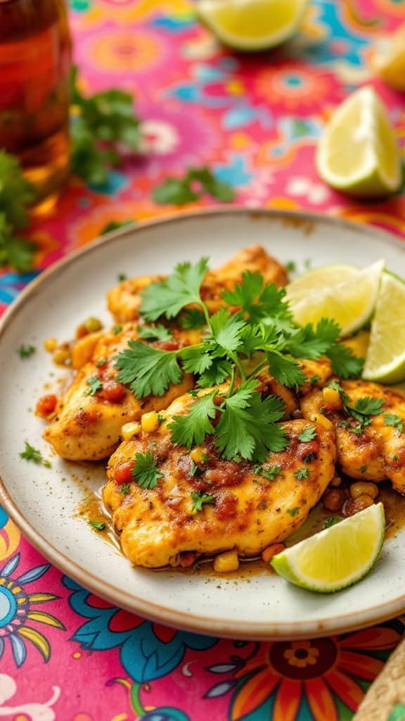 Plate of salsa verde chicken garnished with cilantro and lime wedges on a colorful tablecloth.