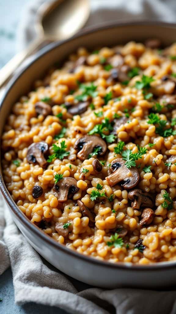 A bowl of Mushroom and Barley Risotto garnished with parsley.